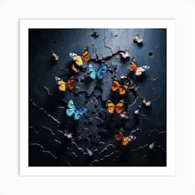 Butterfly - Butterfly Stock Videos & Royalty-Free Footage, Butterflies In A Brick Wall, Butterflies Emerging From A Cracked Dark Wall Representing Transformation And Hope Art Print