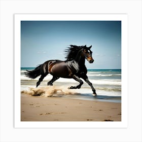 Black Horse Galloping On The Beach Art Print