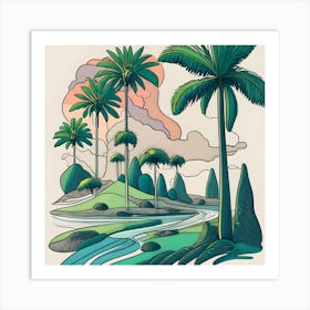 Tropical Landscape With Palm Trees Art Print