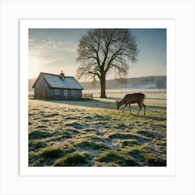 Deer In Frosty Field Art Print