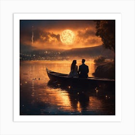 Couple In A Boat At Night Art Print