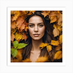 Portrait Of Beautiful Woman In Autumn Leaves Art Print