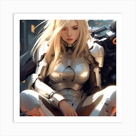 3d Dslr Photography A Woman With Long Blonde Hair Sitting On The Ground, Cyberpunk Art, By Krenz Cushart, Wears A Suit Of Power Armor, Closeup Character Portrait, Cute Detailed Digital Art, Artgerm And Lois Van B Art Print