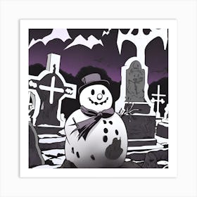 Snowman In Graveyard Art Print