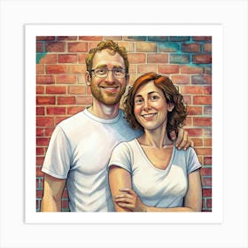 Smiling Couple In Watercolor Portrait Art Print