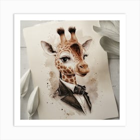 Giraffe In A Suit A captivating and dreamy watercolor illustration featuring a cute anthropomorphic giraffe from the 1890s, created in the vintage, hyper-realistic and expressive style of Studio Ghibli anime. The illustration is presented in a loose, elegant and neutral color palette, with light and glossy finishes. The character is depicted in side view, displaying intricate details and expressive features. This art is reminiscent of the styles of Hajime Sorayama, Damien Hirst, Quentin Blake, Alberto Vargas, and Zdzislaw Beksiński. The overall atmosphere of the piece is dark fantasy with a touch of whimsy and creative feelings., illustration, dark fantasy, anime, drawing Art Print