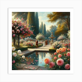 Rose Garden With The Fountain, Acrylic Style Painting 11 Art Print