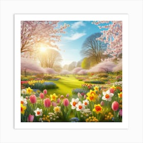 Spring Garden With Cherry Blossoms Art Print