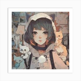 Anime Girl With Cats Art Print