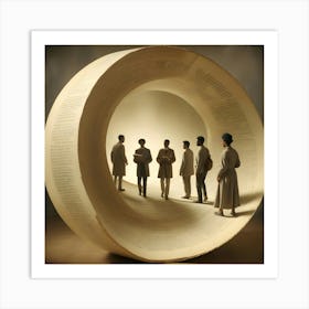 Group Of People Standing Inside A Giant Rolled Document Art Print