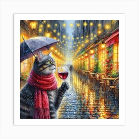 Cat Drinking Wine In The Rain 11 Art Print