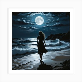 A woman walking alone in a night behind a sea with moonlit Art Print