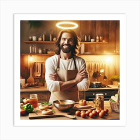 Jesus cooking a meal in a cozy modern kitchen Art Print