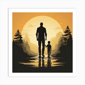 Silhouette Of A Father And Son Art Painting Art Print