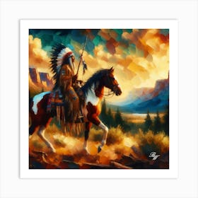 Oil Texture Native American Indian Riding On Prarie 3 Art Print