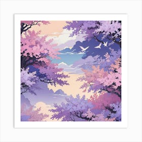 Sakura Trees With Birds Art Print