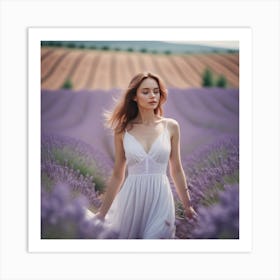 Beautiful Woman In White Dress In A Lavander Field 0 1 Art Print