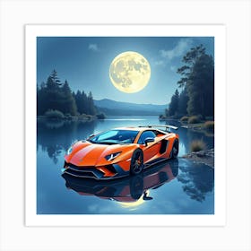 Watercolor Lamborghini Aventador By A Calm, Moonlit Lake 1 1 Art Print