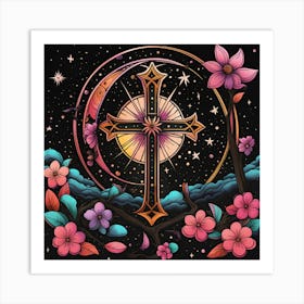 Cross With Flowers Art Print