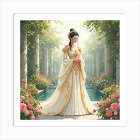 Elegant Empress In A Watercolor Majestic Garden 1 Art Print