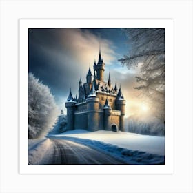 Castle in the snow with glowing lights in the sky Art Print