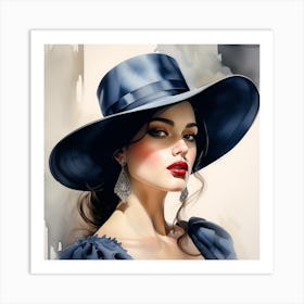 Beauty With Blue Hat And Dress - Watercolor Portrait Painting Art Print