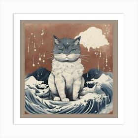 Hokusai style Cat on The Waves Art Art Print