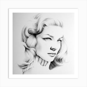 Lauren Bacall Pencil Drawing Portrait Minimal Black and White Old Hollywood Vintage 1940s Film Noir Art Print