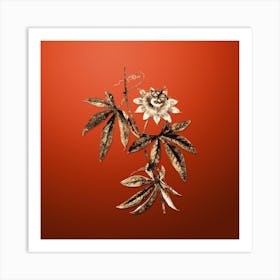 Gold Botanical Blue Passionflower on Tomato Red n.4365 Art Print