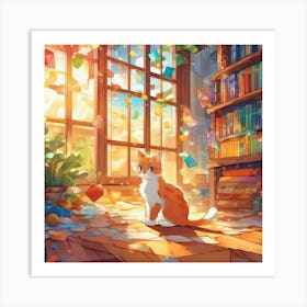 Cat In The Library Art Print