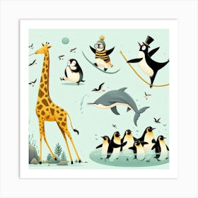 Penguins And Giraffes Art Print