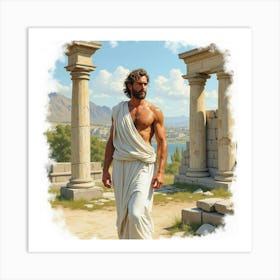 A Graceful Greek Man In Watercolor, Framed By The Classic Beauty Of Ancient Ruins 1 Art Print