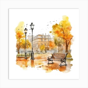 Watercolor Autumn Park Bench Art Print