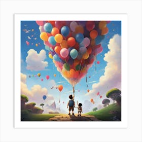 Up Boy And Girl Holding Balloons Art Print