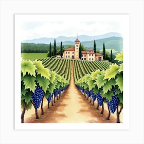 Detailed Watercolor Of A Tuscan Vineyard With Ripe Grapes And Classic Farmhouses 1 Art Print