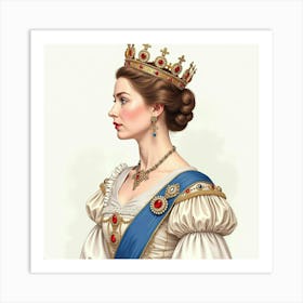 Graceful Watercolor Of Queen Elizabeth I, Detailed Attire, Royal Jewels 1 Art Print