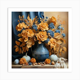 Still Life Ocher And Blue Autumn Flowers Art Print 2 Art Print