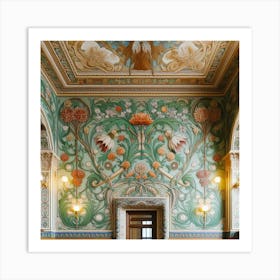 William Morris Inspired Floral Motifs Decorating The Walls Of An Elegant Ballroom, Style Art Nouveau 3 Art Print