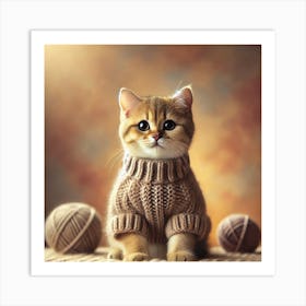 Adorable Cat in Cozy Sweater Wall Art: A Heartwarming Scene for Cat Lovers and Whimsical Decor Print Art Art Print