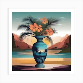 Flower Vase Decorated with Tropical Landscape and Palm Trees, Blue, Orange, Burgundy and Yellow Art Print