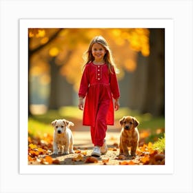 Little Girl With Dogs In Autumn Art Print