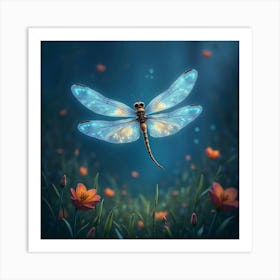 A Whimsical Dragonfly With Wings Of Shifting, Bioluminescent Light Hovering Over A Surreal Meadow Art Print