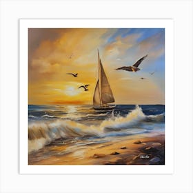 Oil painting design on canvas. Sandy beach rocks. Waves. Sailboat. Seagulls. The sun before sunset.17 Art Print