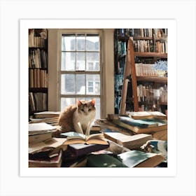 Cat In A Library Art Print