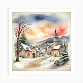 Winter Village Watercolor Painting Art Print
