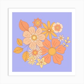 Retro Flowers Orange And Purple Art Print