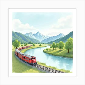 Watercolor Train Scene With Distant Mountains And Gentle River 1 Art Print