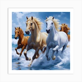 Brown and white Horses On The Beach Art Print
