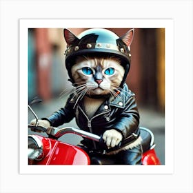 Cat Riding Red Scooter 2 Art Print