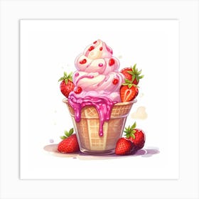 Cold Ice Cream Cone Strawberry Art Print